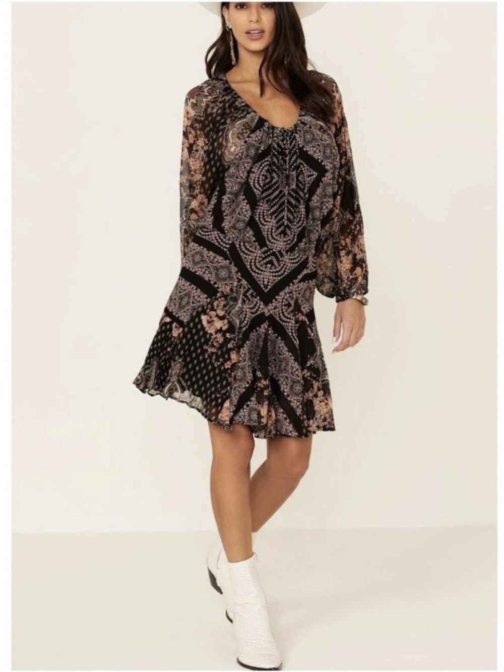 Free People Black and Taupe Paisley Long-Sleeve A-Line Dress